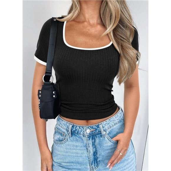 Short Sleeve T Shirts Ribbed Knit Square Neck Color Block Slim Fitted For Women - Picture 5 of 7